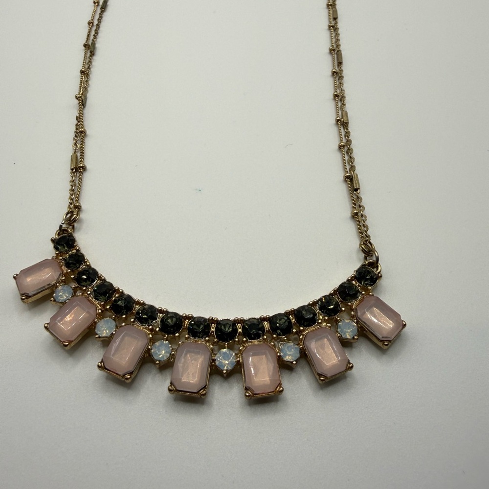 🛍️Lauren Conrad Bib Pink Statement Necklace Gold Tone 15” + 3” Extender